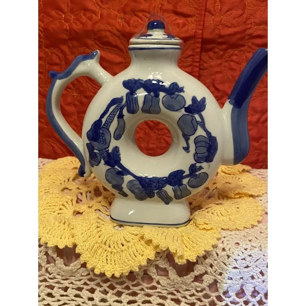 Cobalt‎ Blue Donut Shaped teapot With Lid Vegetable And Fruit Pattern. Mini